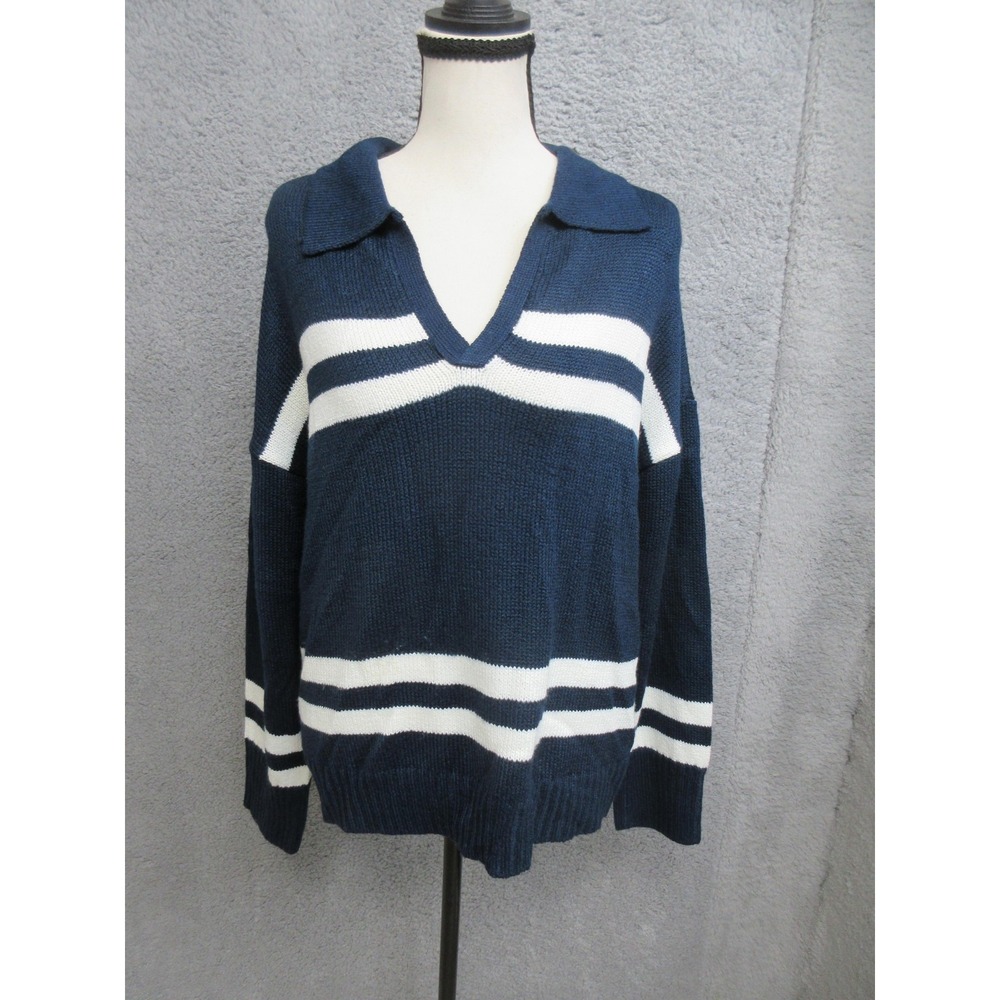 Wonderly Y2K Polo Sweater Women M Navy Striped Cutaway Collar Preppy Nautical